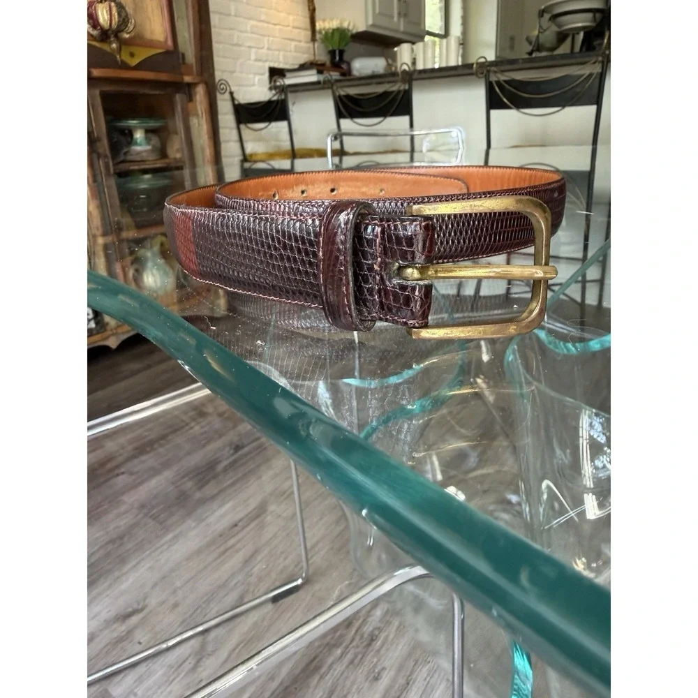 Torino Calcutta Lizard Belt Brown Red Leather Size 32 Solid Brass Buckle 5116